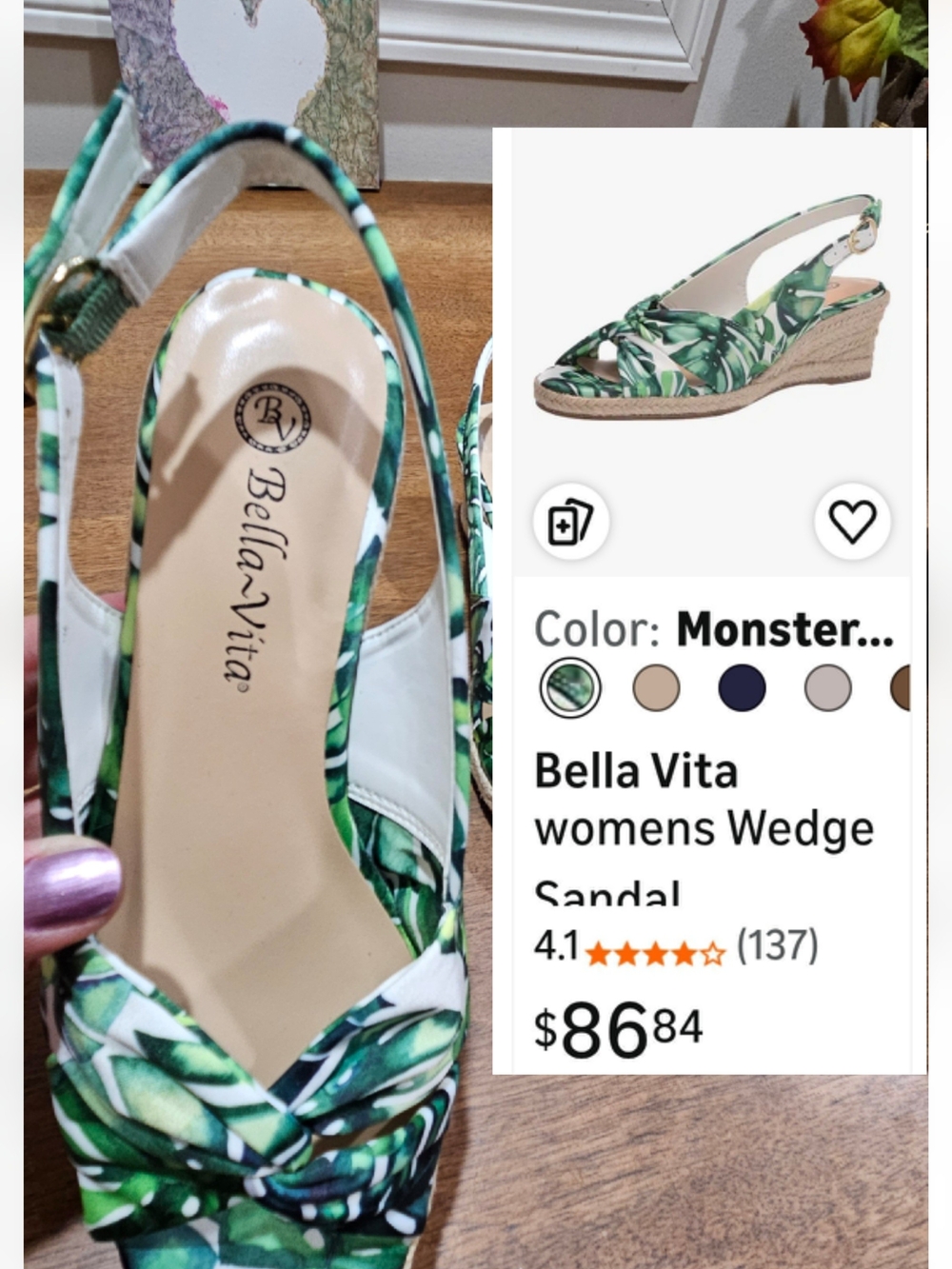 Bella Vita Monster Leaf Print Wedge Sandal in Green